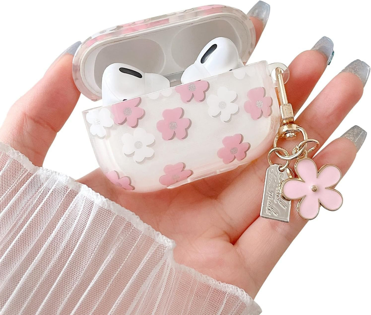 MINSCOSE Compatible with AirPods 3rd Gen Clear Case Cute Cartoon Flower Earphone Cover with Floral Keychain  Soft Transparent TPU Protective Case for AirPod 3 for Girls Women-White-New