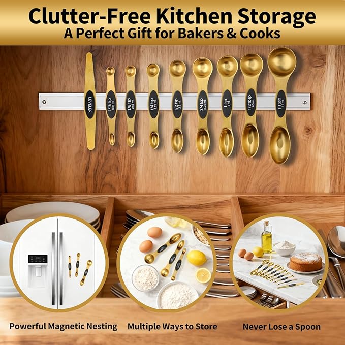 Gold Magnetic Measuring Spoons Set Stainless Steel with Leveler, Dual-Sided Stackable Metal Measuring Spoons for Baking & Cooking, Fits in Spice Jars, Heavy Duty Kitchen Gadgets, 8 Spoons & 1 Leveler