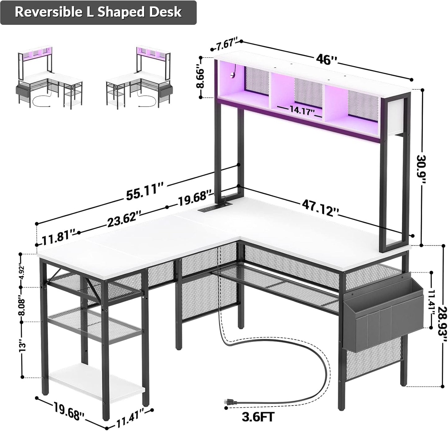 Unikito L Shaped Computer Desk with LED Strip and Power Outlets, Storage Shelves and Bag, Industrial Reversible Gaming Table Writing Corner Desk for Home Office Workstation, White
