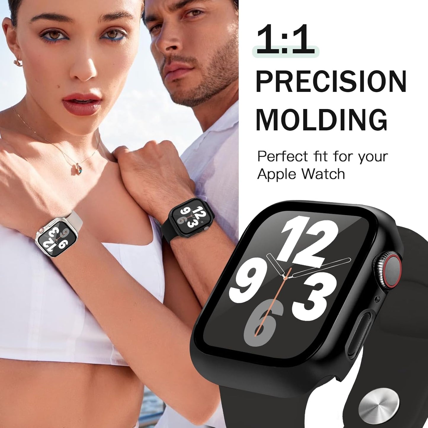 JR.DM 44mm 2 Pack Hard PC Case with HD Tempered Glass Screen Protector for Apple Watch Series 6/5/4/SE/SE2/SE3, Guard Bumper Full Coverage Protective Anti-Scratch Face Cover for iWatch, Black+Clear
