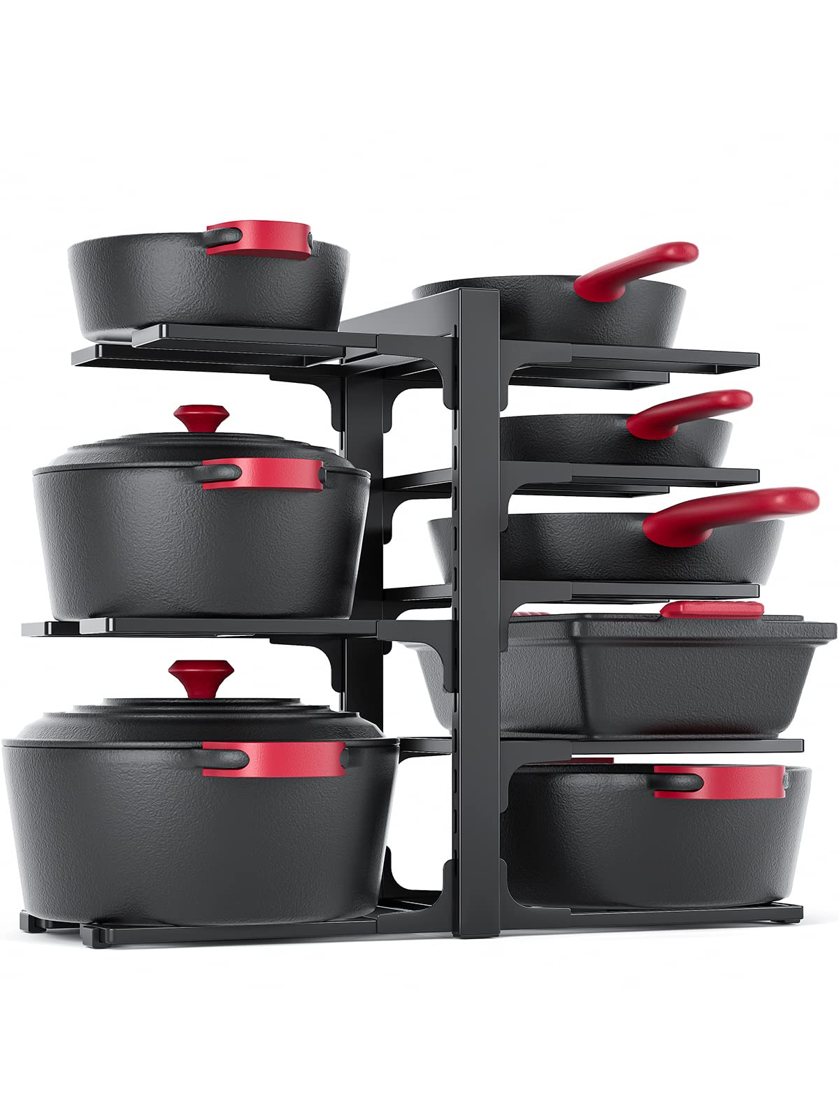 MUDEELA 8-Tier Pots and Pans Organizer under Cabinet, 15.83" Height Heavy Duty Pot Pan Organizer Kitchen Cabinet Organization and Storage, Adjustable Pot Rack for Frying Pan, Cast Iron Skillet, Black