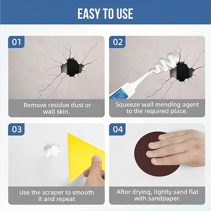Drywall Repair Kit – 120 g Fast Dry Putty Tube with 2 × 2″ Wall Patch Mesh, Scraper & 2 × P180 Sandpapers | Quick-Dry Spackle & Sheetrock Crack Filler for Wall, Ceiling & Plaster Hole Repair