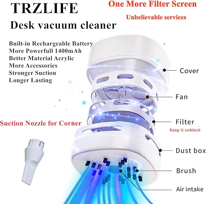 TRZLIFE Desk Vacuum Cleaner, Rechargeable and Durable Mini Desktop Vacuum with Bonus Accessories Desk Cleaner Sucks Tiny Items and Crumbs from Desktop Drawer Countertop Ideal as a White Elephant Gift