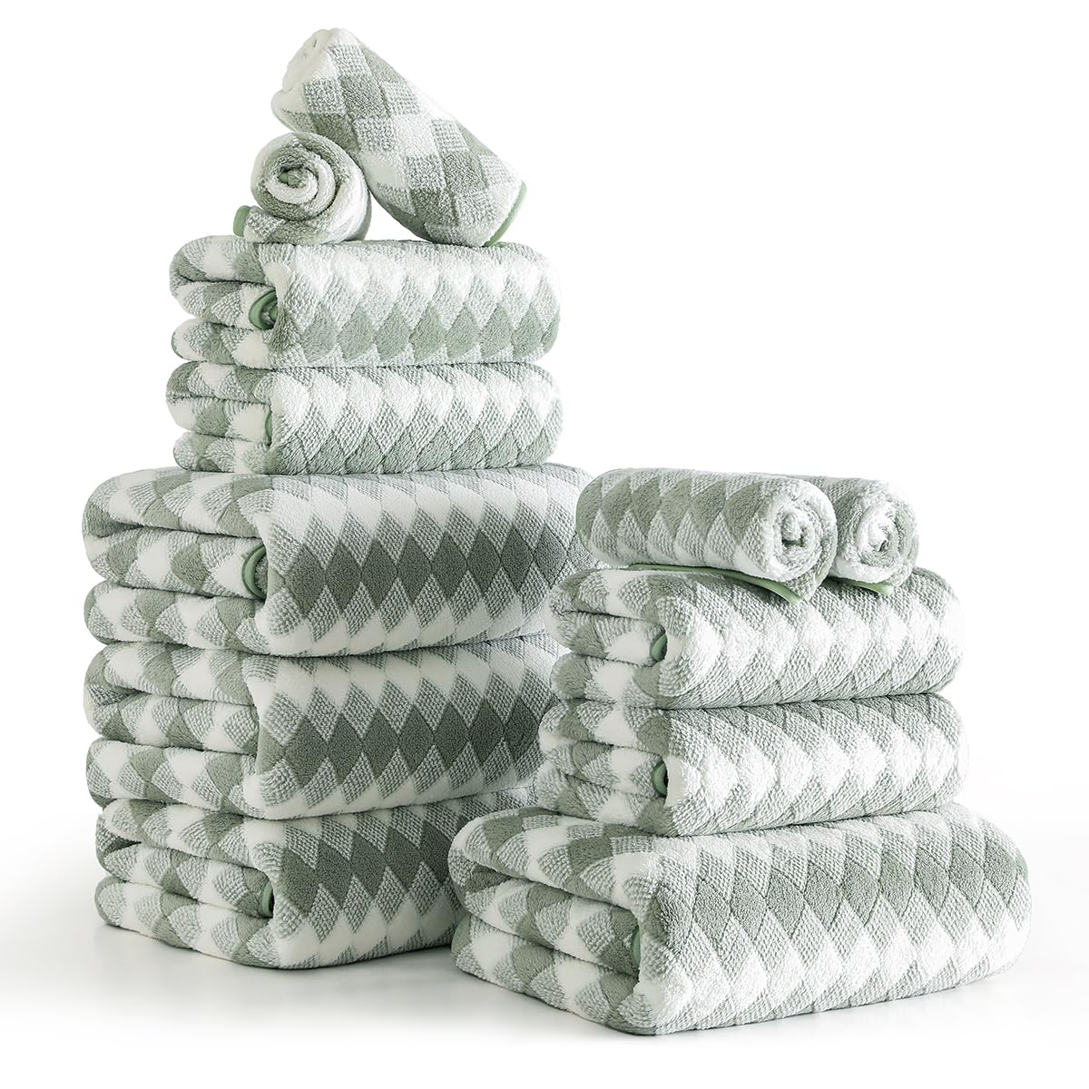 12 Pcs Green White Diamond Towel Set-4 Bath Towels,4 Hand Towels,4 Washcloths Soft Polyester Towels with Loop Absorbent Shower Towel Quick Dry Beach Chair Towel Family Towels for Bathroom Spa Gym Pool
