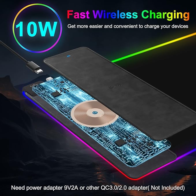 Wireless Charging RGB Gaming Mouse Pad, 31.5"x15.7" Large Desk Mat, Desk Pad with Wireless Charger, Non-Slip Rubber Base, Waterproof, Computer Keyboard Mat for Gamer, Office, Home, Black