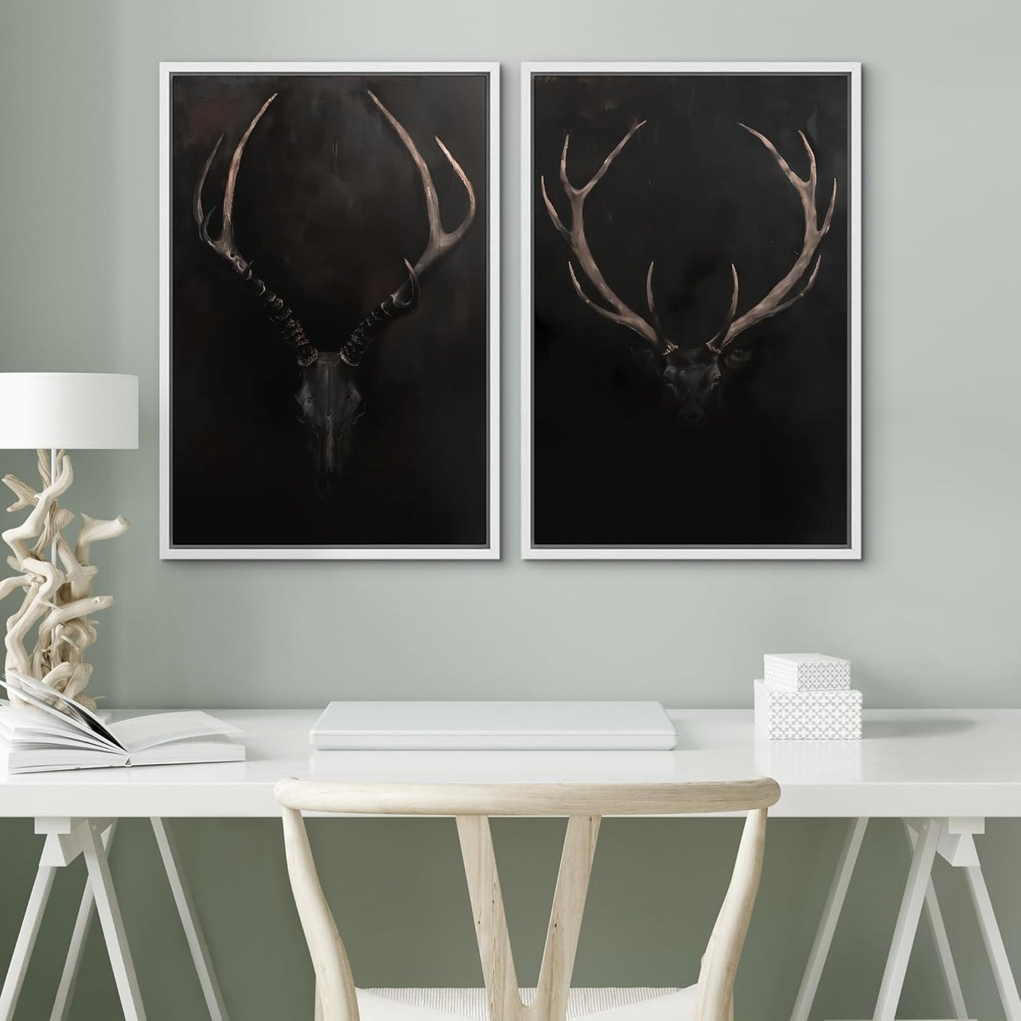 SIGNWIN Framed Canvas Print Wall Art Rustic Antler Skull Dark Dramatic Black Vintage-Inspired Deer and Elk Antlers Illustrations Decorative for Living Room, Bedroom, Office - 24"x36"x2 White
