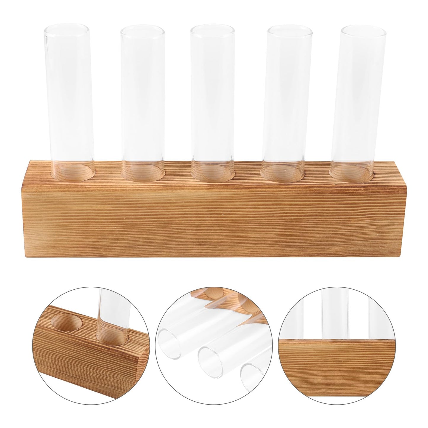 PATKAW Glass Hydroponic Plant Vase with 5-Hole Wooden Stand, Tabletop Test Tube Planter for Home Décor, Succulent Terrarium and Air Plant Propagation Station