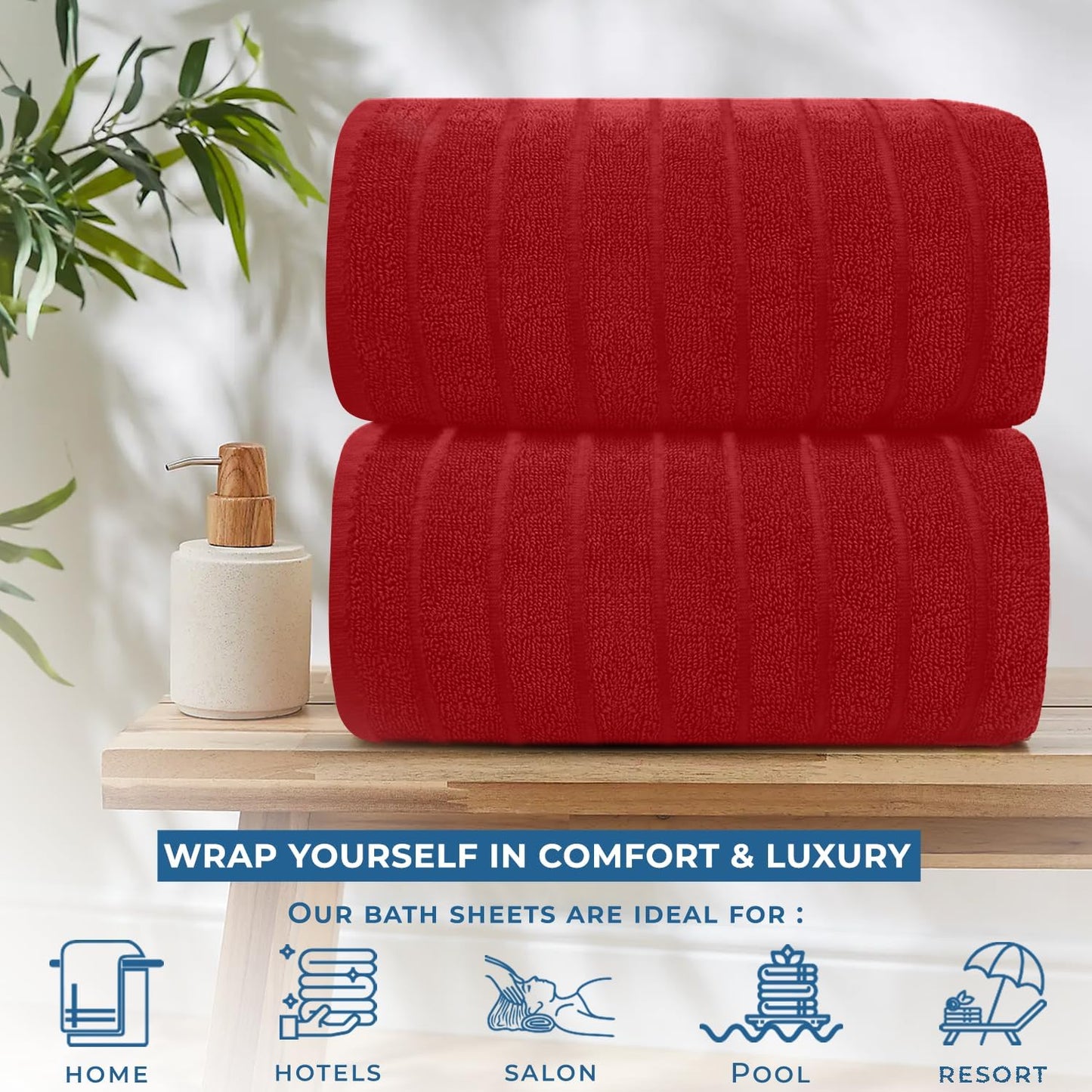 DAN RIVER Pack of 2 Bath Sheet 35x70 Inches, Luxury Ribbed Large Towels Oversized for Bathroom, Absorbent Plush Towels - Red