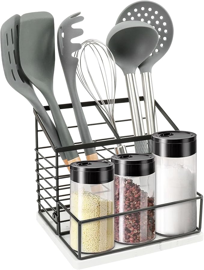 Utensil Holder for Kitchen Counter, Metal Utensil Holder Rack with Salt and Pepper Shakers for Kitchen Countertop, Cooking Tools Storage for Spatula, Large Utensil Organizer with Marble Base