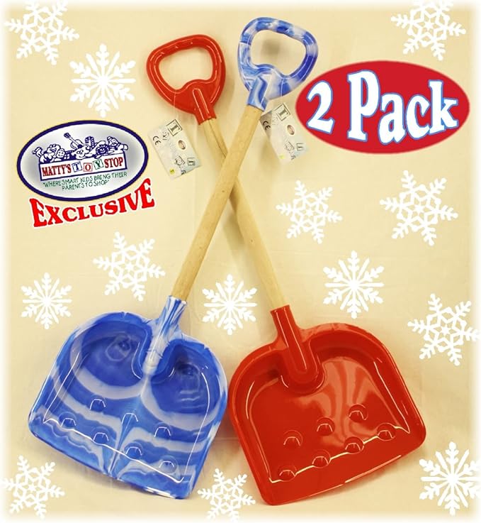 Matty's Toy Stop 28" Heavy Duty Wooden Snow Shovels with Plastic Scoop & Handle for Kids - 2 Pack (Red & Blue Swirl)
