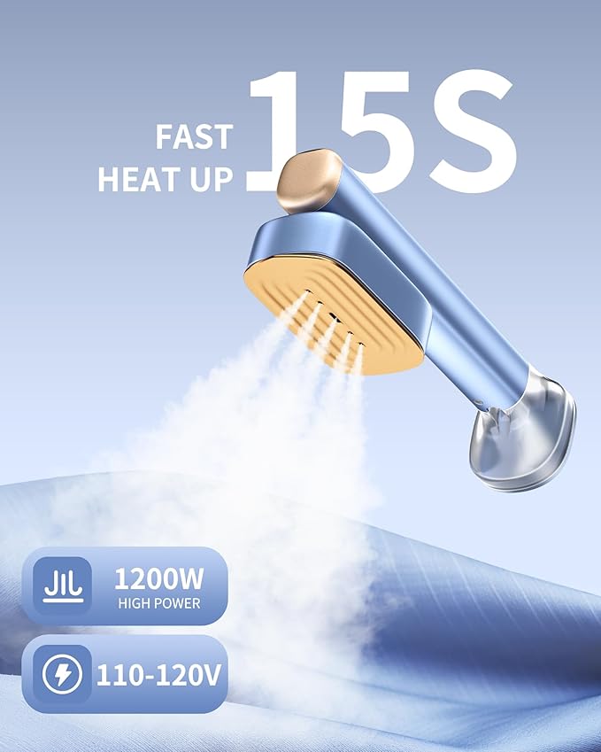 MIYOKO 2-in-1 Garment Steamer for Clothes, 1200W Handheld Steam Iron with Two Water Tanks (3.38 &6.09 Oz.), 15s Fast Heating, 25G/Min High Speed Steams, 110-120V for Home &Travel Portable Use, Blue