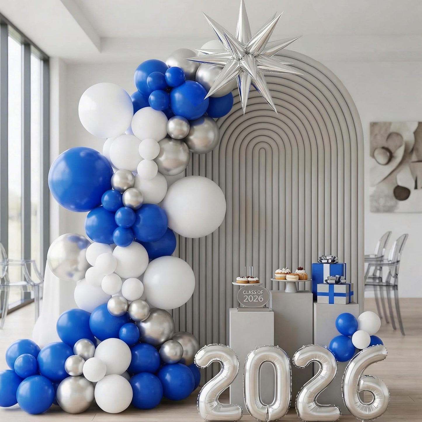 Blue Silver White Balloons Arch Kit, Blue White Balloon Arch with 4D Silver Star Graduation 2026 Foil Balloon Banner, Royal Metallic Balloons for Class of 2026 Graduation Decoration Birthday Party
