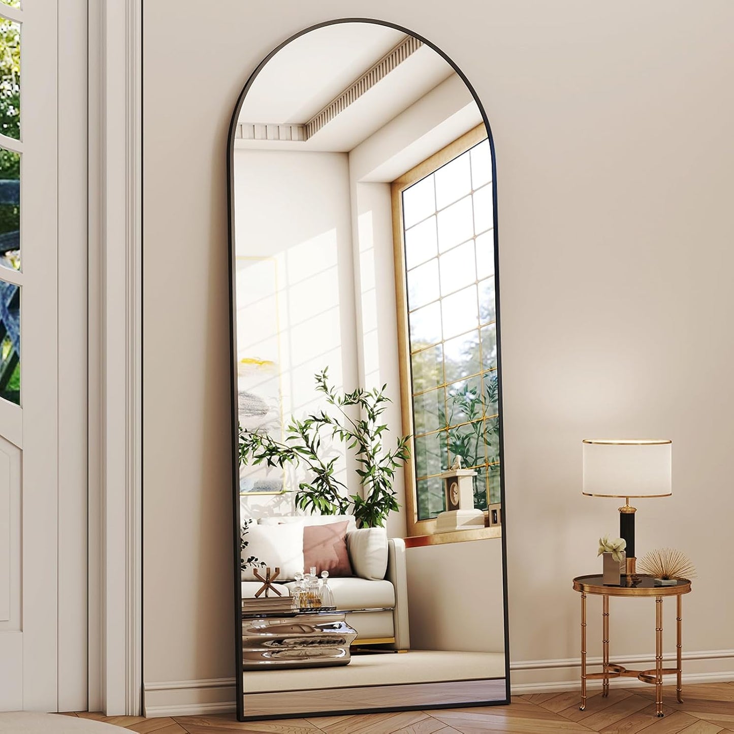 56"x21" Arched Full Length Mirror Floor Mirrors with Aluminum Alloy Frame Free-Standing Wall Mounted Floor Mirrors or Large Dressing Mirror, Black Mirror Full Length