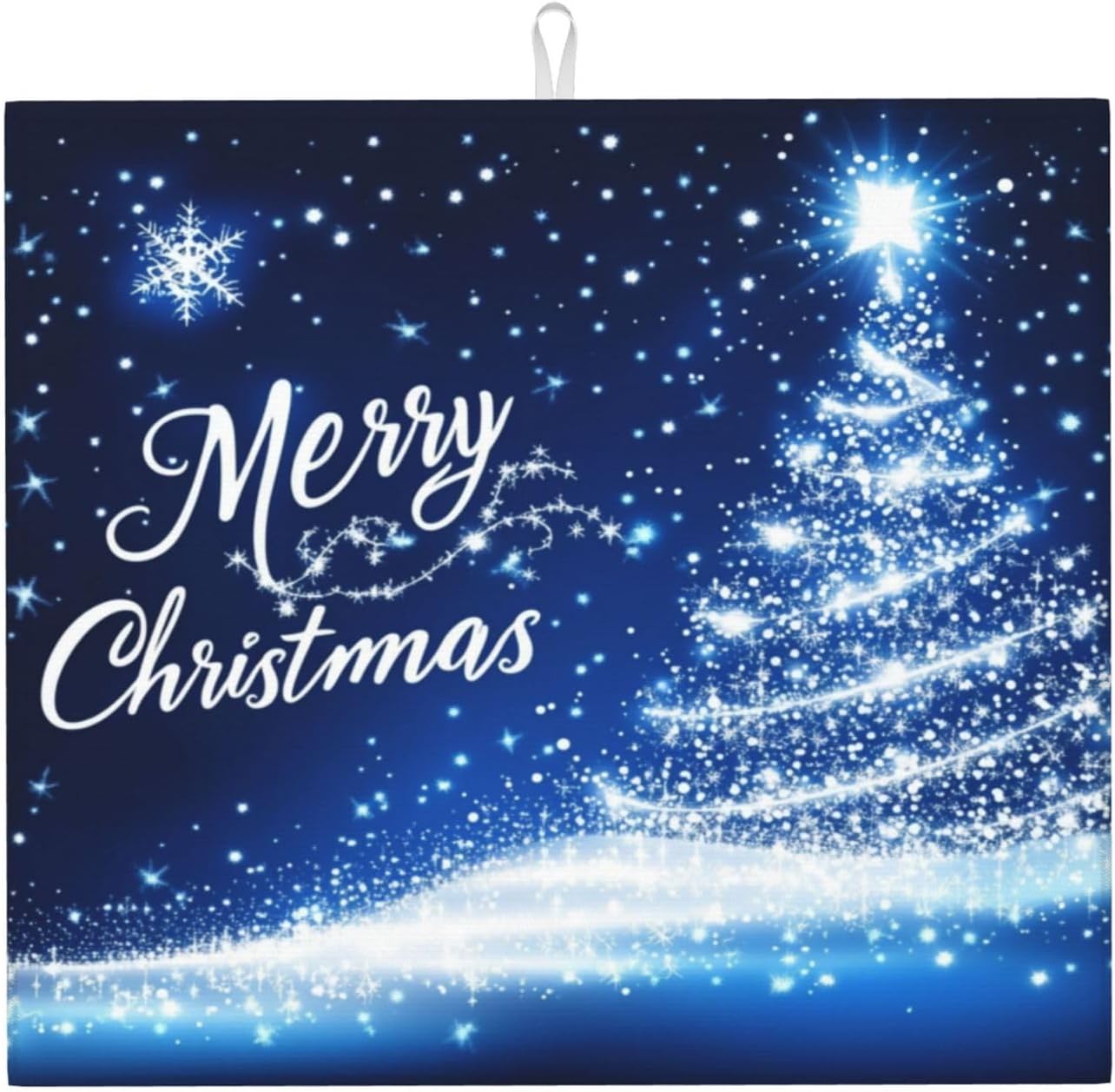 Dish Drying Mat for Kitchen Merry Christmas Blue Tree Counter Absorbent Dishes Drainer Microfiber Small 16x18 Inch