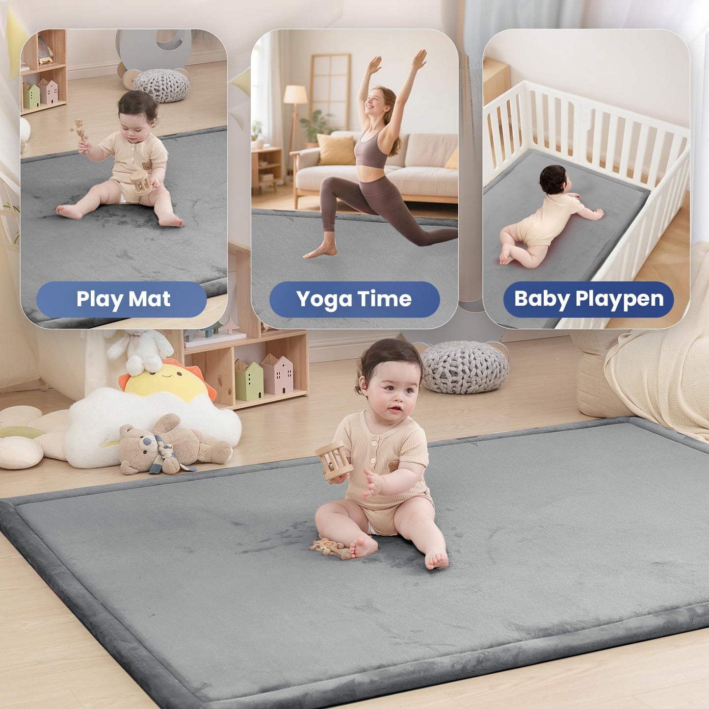 Extra Large 79"x158" Baby Activity Play Mat for Floor, 1.3" Thick Elasti Foam for Tummy Time & Crawling, Non-Slip Nursery Rug for Infants, Toddlers & Kids, Tatami Style Mat for Yoga, Living Room, Classroom & Playroom (Dark Gray)