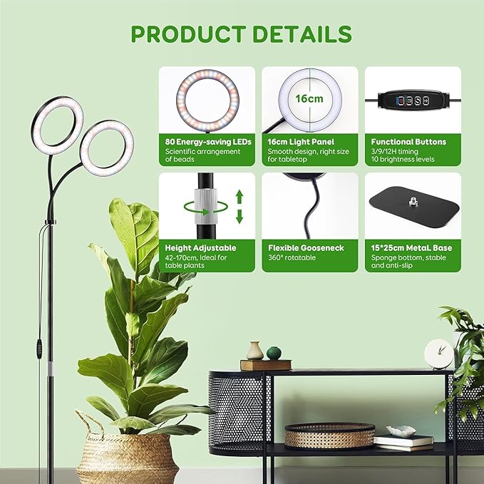 Dual Head Grow Light for Indoor Plants Full Spectrum Plant Light with 16.5"-68" for Growing Large Tall Plants Equipment with 3/9/12-hour Automatic Timers 3 Light Modes 10 Dimmable Levels