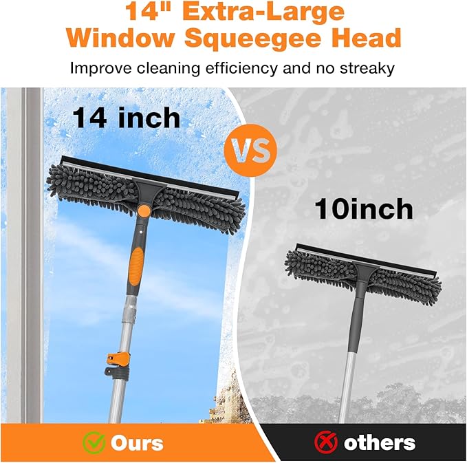12Ft Window Squeegee with Extension Poles, 2-in-1 Window Cleaning Kit with Telescopic Pole, Extra-Large 14" Window Squeegee, Window Cleaner Tool with Adjustable Head, for High Window, Glass, RV
