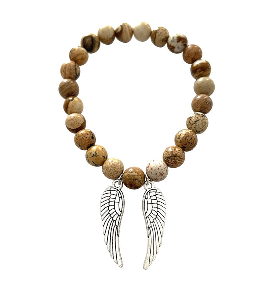 T. VICTORIA Picture Jasper Silver Guardian Angel Wings Natural Gemstone Bracelet