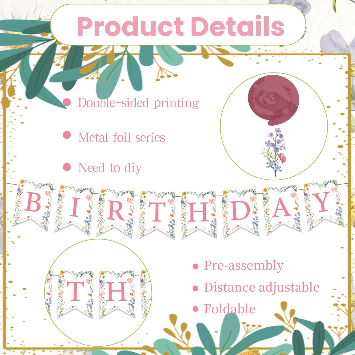 Rngmsi Wildflower Birthday Party Decorations - 35PCS Wildflower Happy Birthday Banners and Hanging Swirls Decoration for Girls Floral Cake Cupcake Toppers Party Decor Flower Theme Supplies for Women