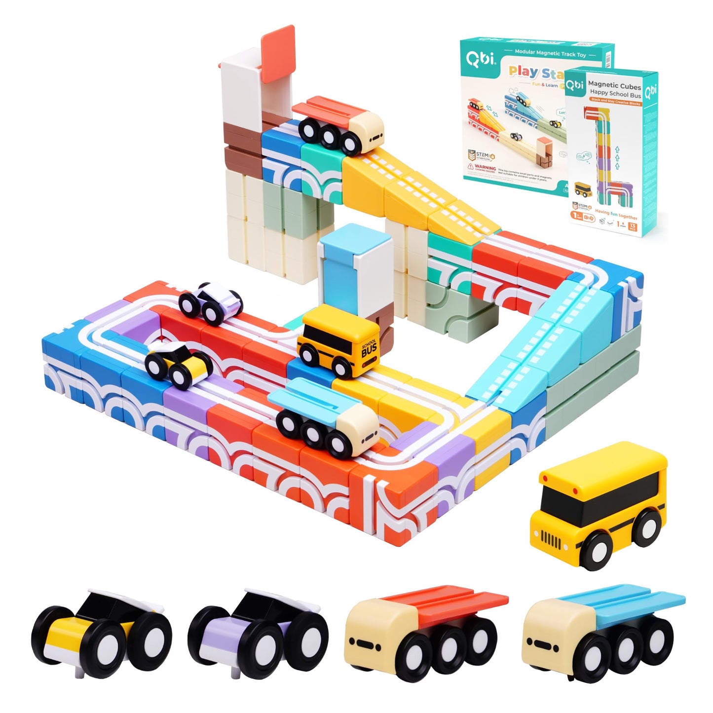 QBI STEM All-in-1 Toy Set with 5 Cars & 3D Tracks | Open Ended Educational Sensory Magnet Cubes | Montessori Toys, Magnetic Building Blocks for Boys & Girls (49 Pieces)