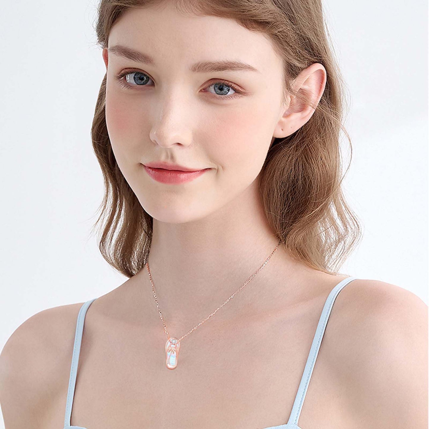 Midir&Etain Rose Gold Plated Flip Flop Necklace 925 Sterling Silver Palm Tree Hawaiian Pendant White Opal Suffer Sea Necklace Flip-Flop White Opal Jewelry for Women Prime