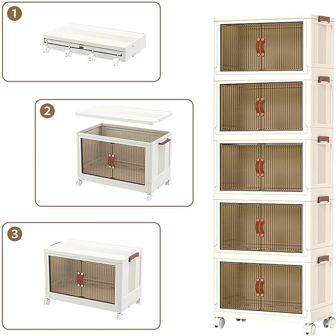 5-Tier Storage Bins with Wheels, Large Stackable Storage Bins Open Front, Clear Plastic Stackable Organizer Boxes, 400 QT Capacity, White (5 Tier, 23.6″)