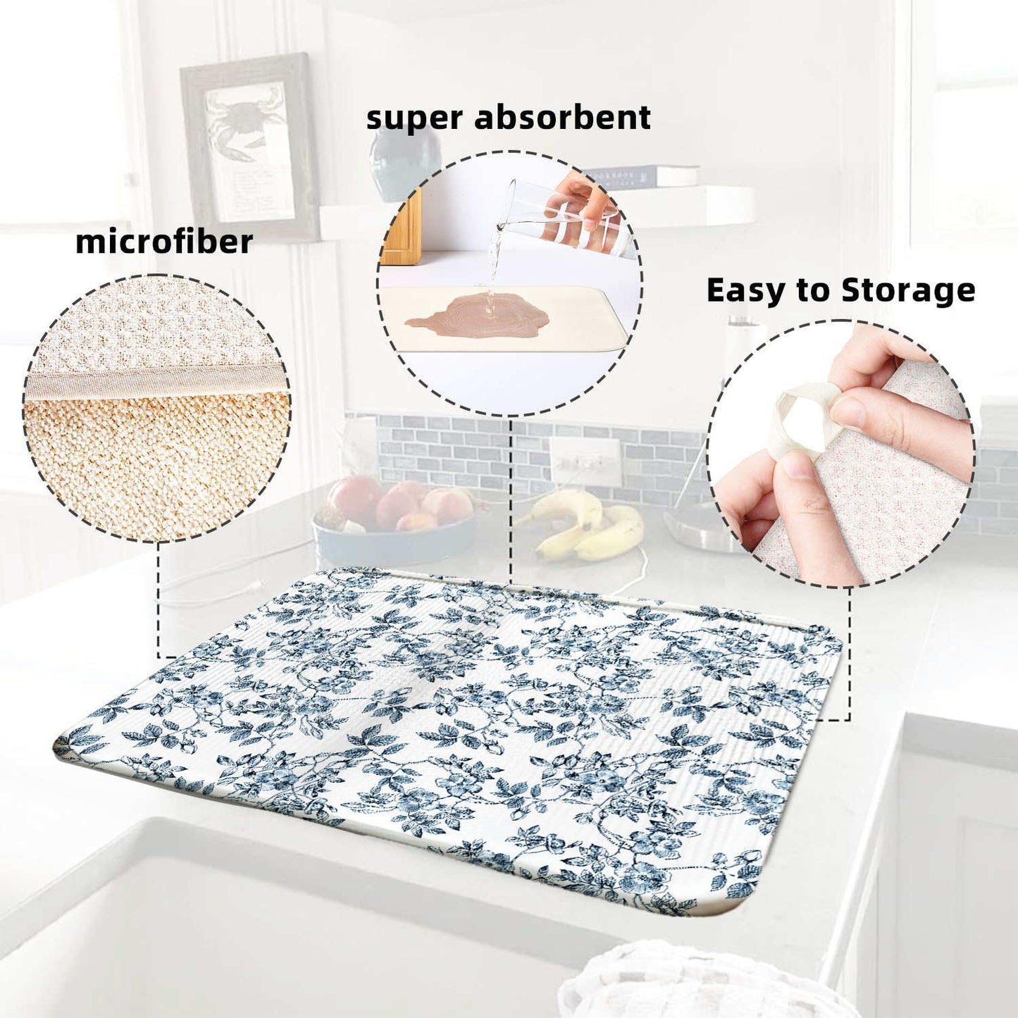 Floral Spring Small Dish Drying Mat for Kitchen Counter 16''x18''Microfiber Absorbent - Foldable, Quick-Dry, Non-Slip, Compact Plant Leaves Kitchen Drying Pad for Dishes, Countertops, and Cookware