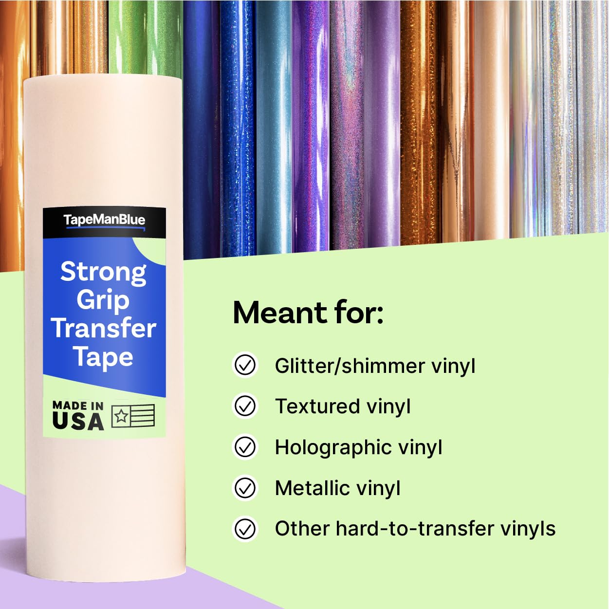 TapeManBlue Strong Grip Transfer Tape - 12" x 50' Roll of Ultra High Tack Transfer Tape for Glitter Vinyl, Holographic Vinyl, and Textured Decals, Letters & Stickers, Made in USA