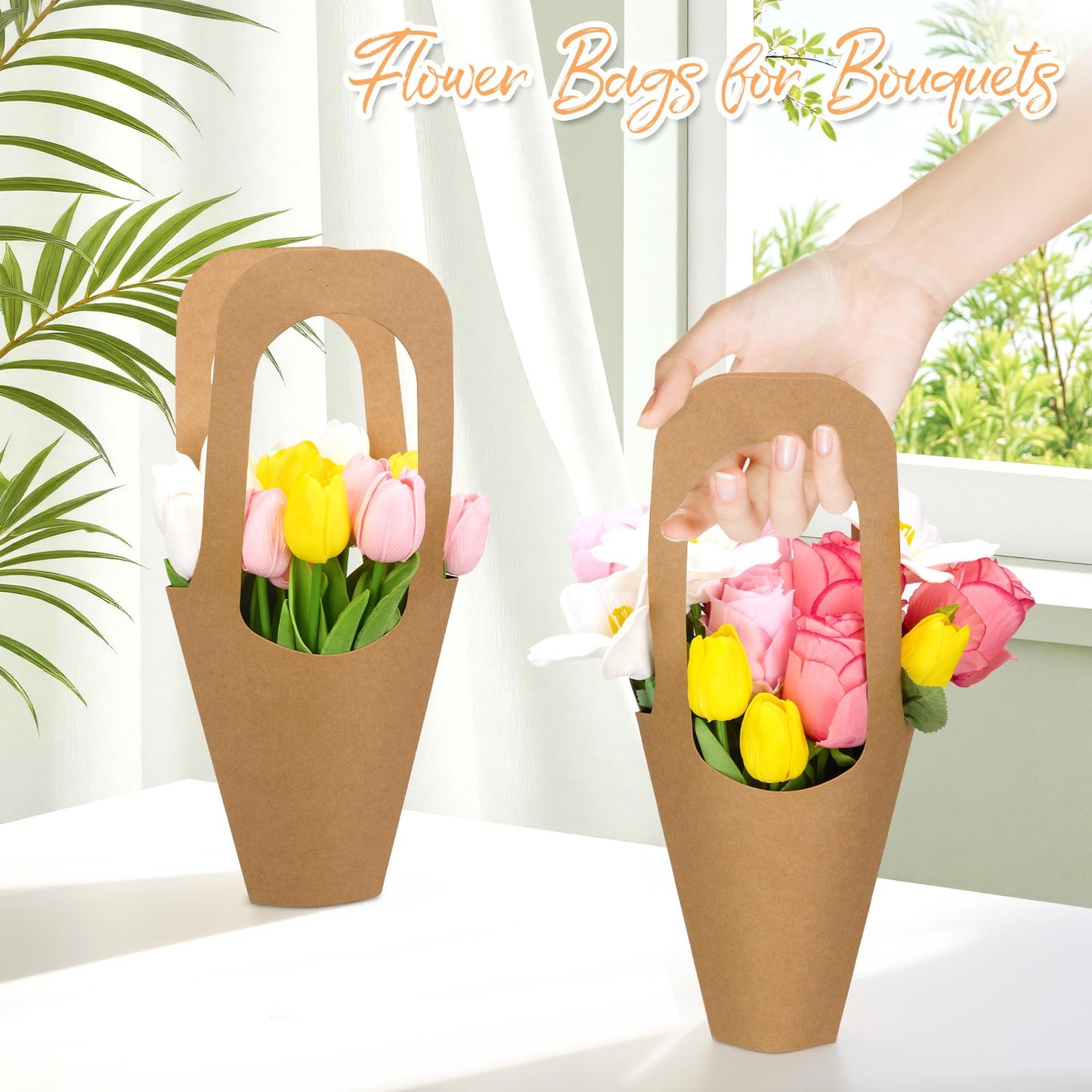 Flower Bags,100 Packs,Flower bags for Bouquets,Kraft Paper Flowers Gift Bags With Handle,Suitable for flower Shops, Weddings, Valentine's Day, Birthday Parties, Thanksgiving, Home Decoration (13.8Inches)
