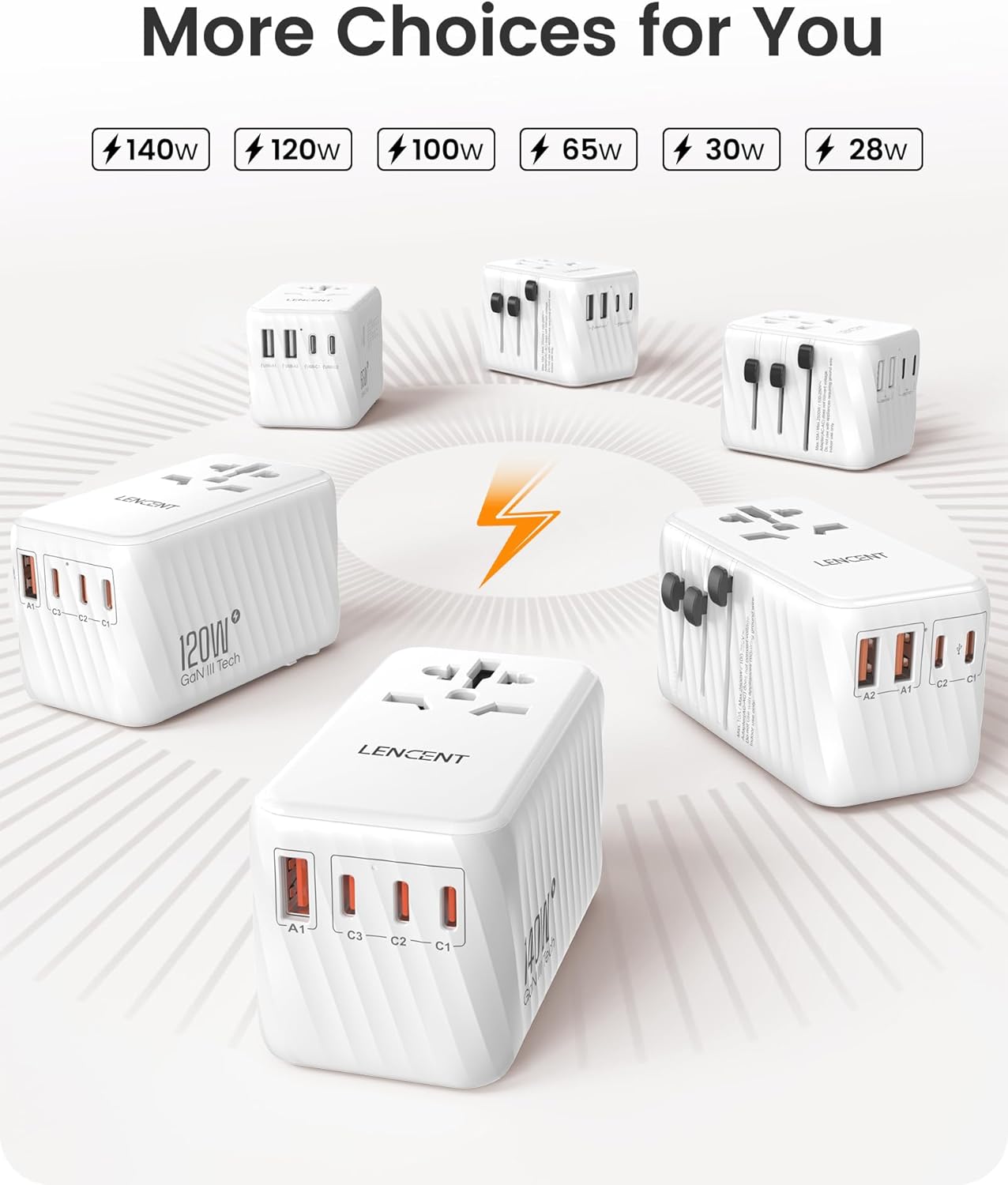 LENCENT Universal Travel Adapter, 65W GaN International Fast Charger with 2 PD3.0 Type C+2 QC USB A, Worldwide Power Adaptor for Phones,Laptops, All in One Travel Essentials for EU/USA/UK/AU, White