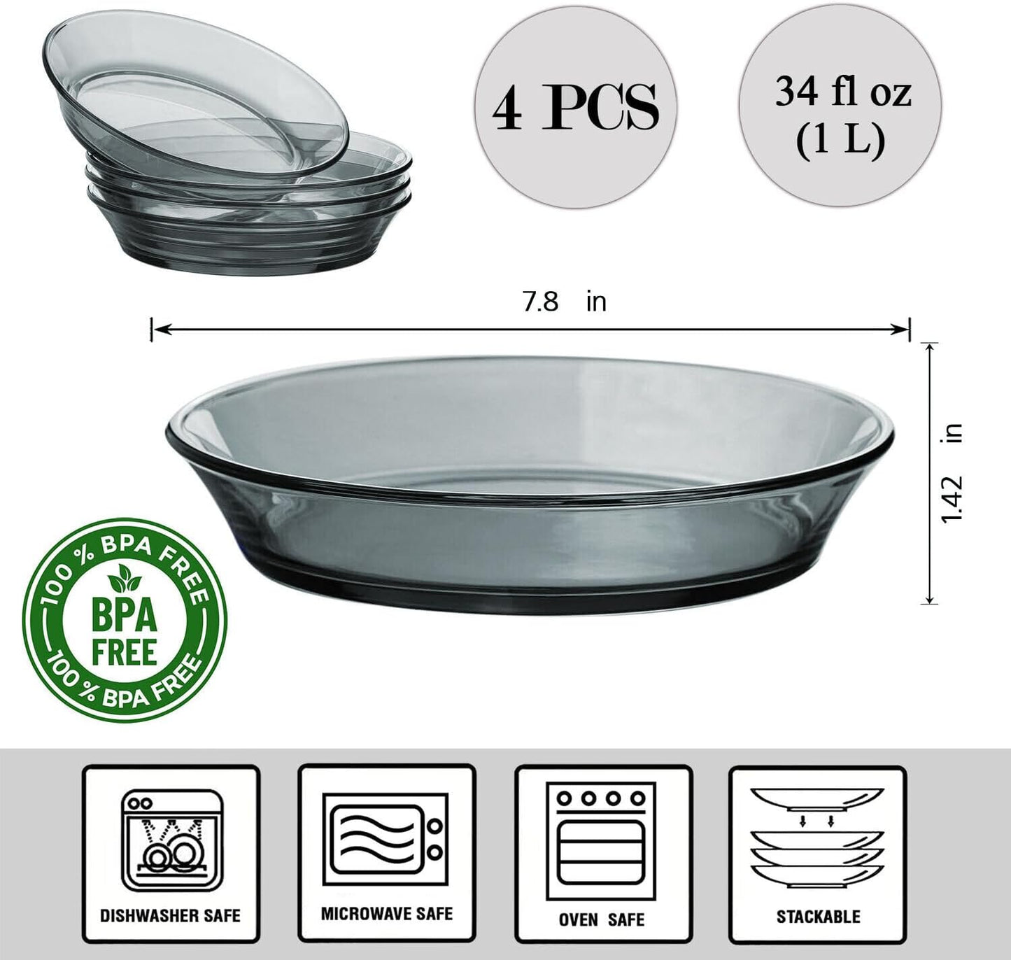 STP GOODS Glass Soup and Salad Bowl with Handles, Cobalt Transparent Glass Eating Plates, Circular Dinnerware for Salad, Bread, Dinner (Gray 4)
