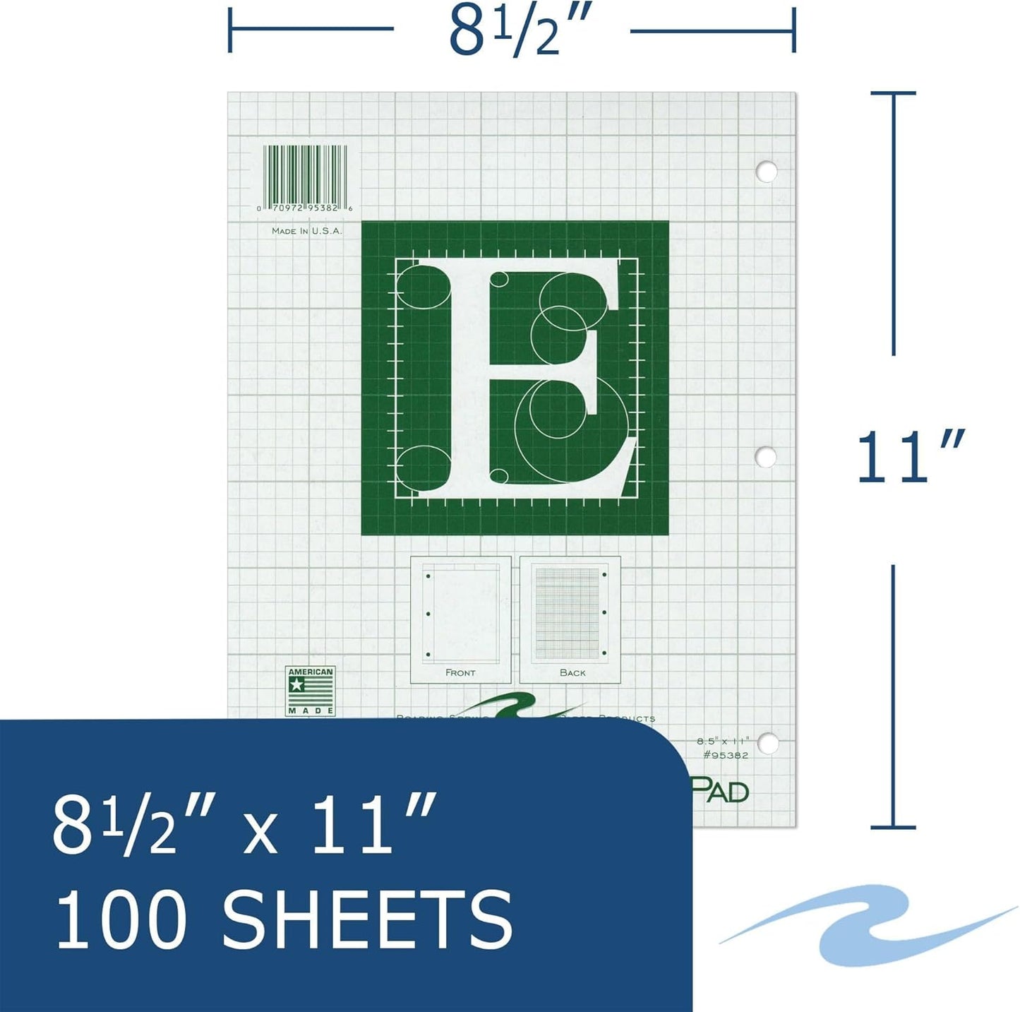 ROARING SPRING Engineering Pad, 8.5" x 11", 100 Sheets 15lb Green Paper, 5x5 Printed Back Enclosed Grid, Top Glued, 3-Hole Punched, Proudly Made in USA, Heavy Backing Board