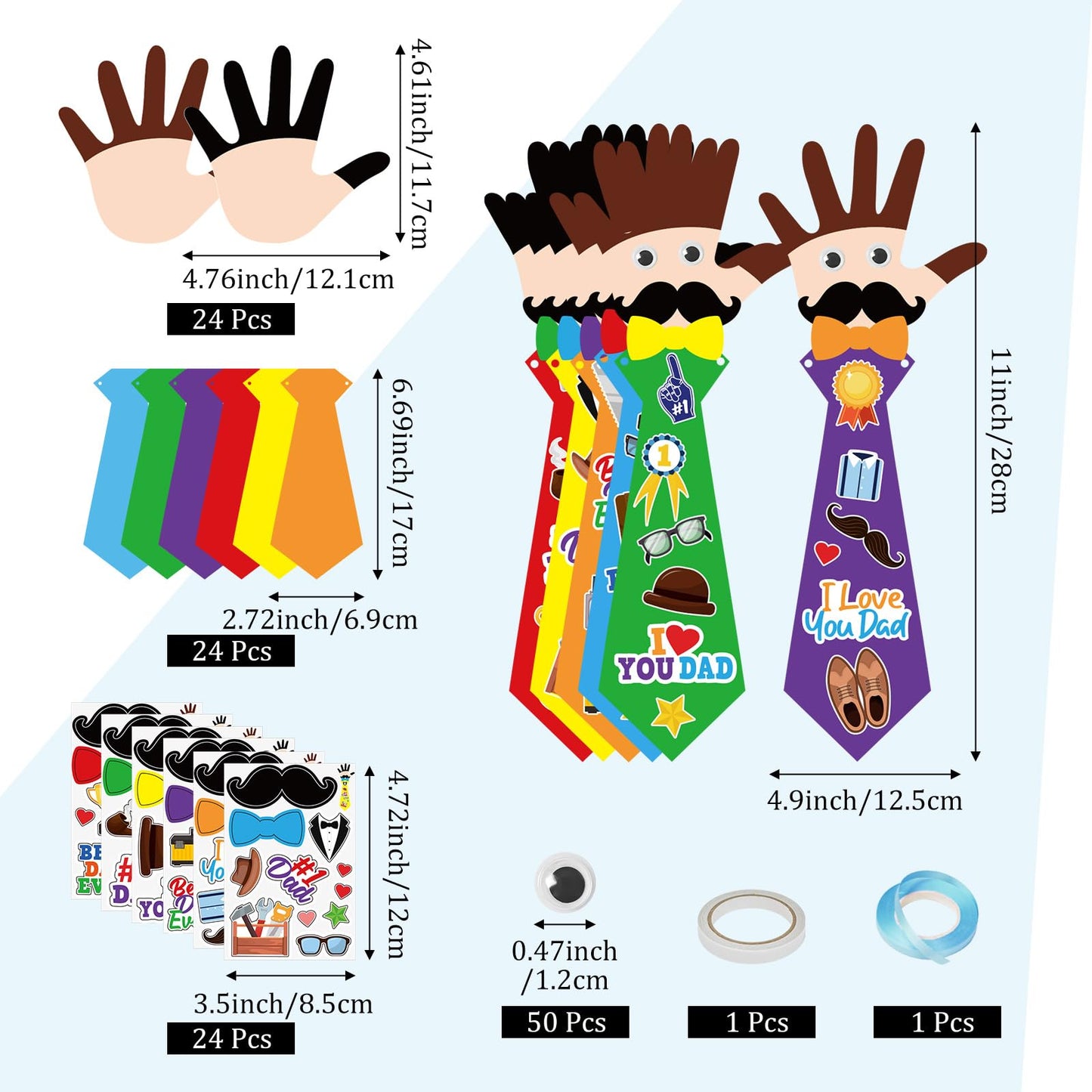 Cinrobiye 72pcs Fathers Day Craft Kits Father’s Day Tie Craft Best Dad Ever DIY Handprint with Stickers for Happy Father Day Gifts Home School Activities Birthday Party Favors Supplies Decoration