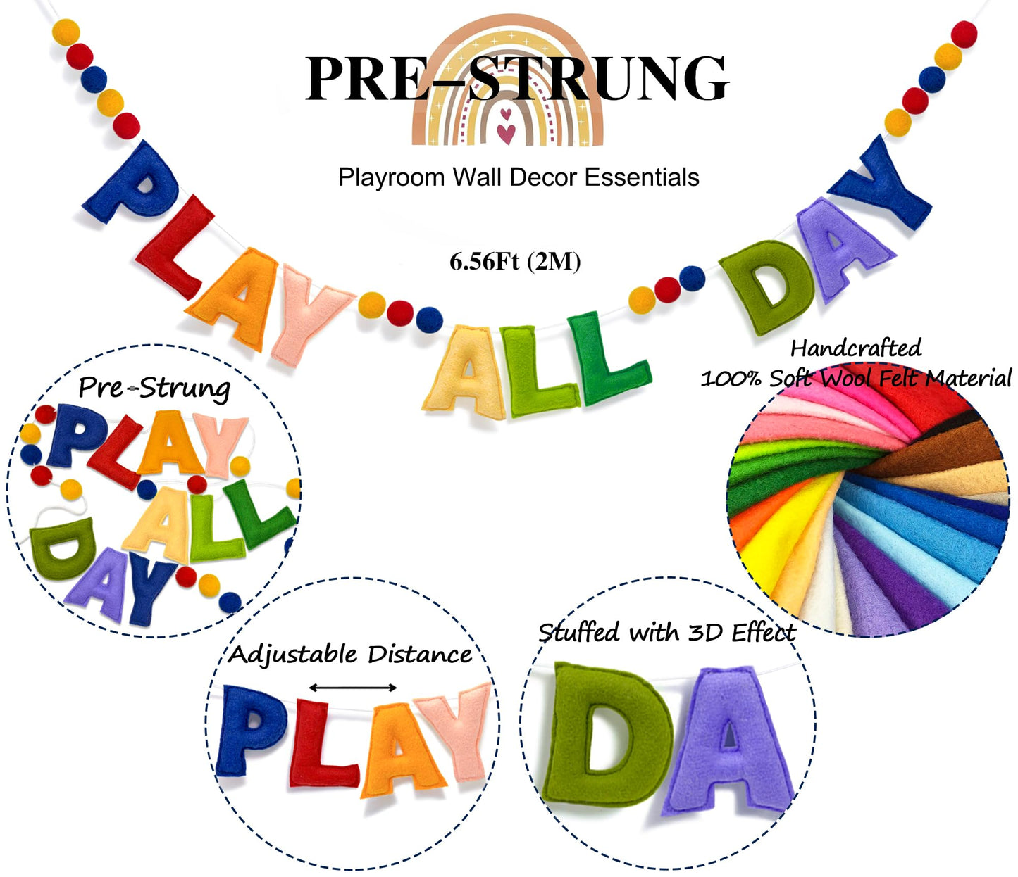 Pre-Strung Retro Play All Day Felt Banner Reusable Play Sign Play All Day Wall Hanging Felt Garland for Kids Nursery Playroom Wall Decor Boys Girls Playhouse Decor Toy Room Classroom Decoration