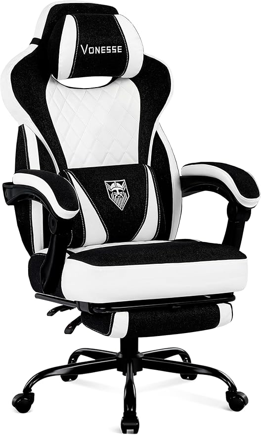 Vonesse Gaming Chair, Reclining Fabric Gaming Chairs for Adults 250LBS, Office Chair with Pocket Spring Cushion, Computer Chair with Footrest and Massage Lumbar Support (White/Black)