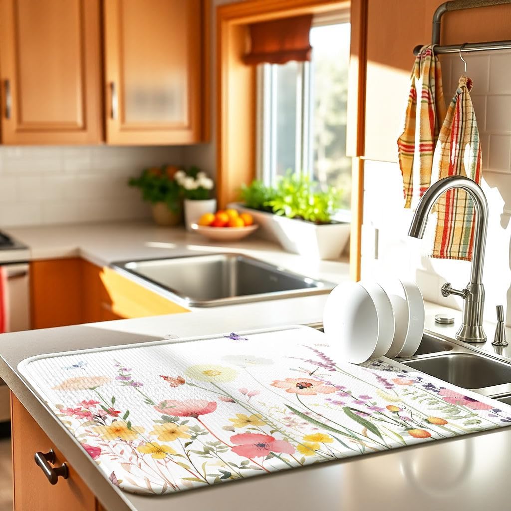 Blue Floral Spring Large Dish Drying Mat for Kitchen Counter 18x24 Microfiber Absorbent - Foldable, Non-Slip, Compact Kitchen XL Drying Mats for Dishes, Countertops, and Cookware
