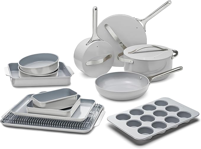 Caraway 23-Piece Nonstick Ceramic Cookware & Bakeware Set – Pots, Frying Pans, Lids, Baking Sheets, Pans, Cooling Rack & Storage – Oven Safe, Non-Toxic – Compatible with All Stovetops - Gray
