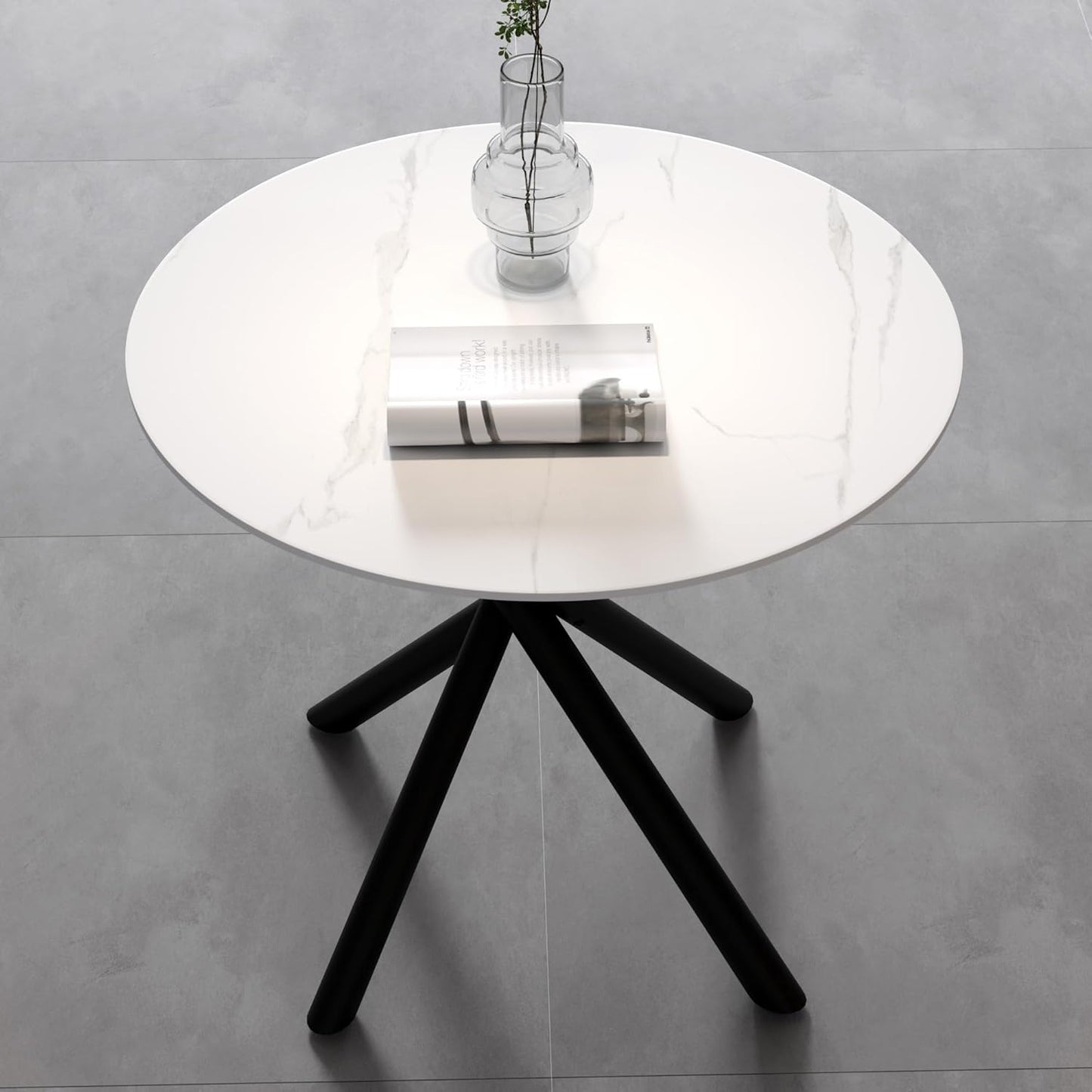 White Marble Round Dining Table with Black Metal Legs, 32 in Modern Sintered Stone Kitchen Table Circle Table for Dining Room Kitchen
