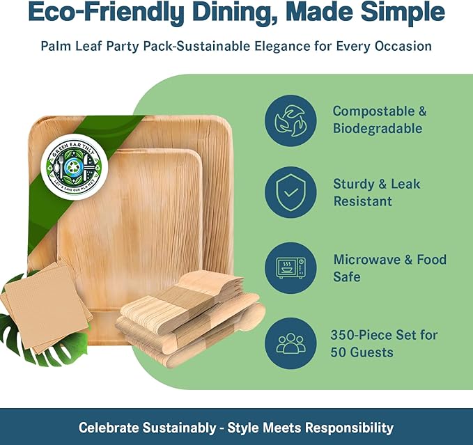 Biodegradable Disposable Party kit including 10" Plates, 7" Plates, Wooden Cutlery - Forks, Spoons, Knives & Napkins (For 50 Person Party - includes 350 total items)