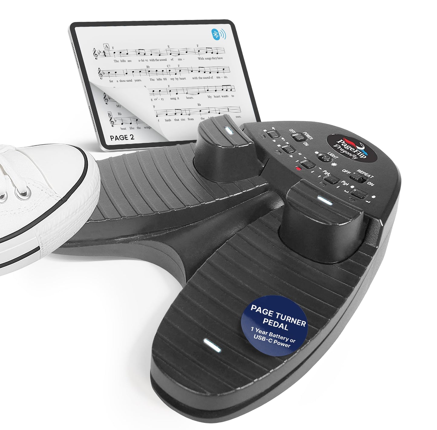 PageFlip Dragonfly Bluetooth Page Turner Pedal - 4-Pedal Silent Foot Pedal for iPad, Android & PC - Hands-Free Sheet Music Contr