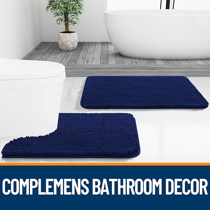 OLANLY Bathroom Rugs 47x17, Extra Soft Absorbent Chenille Bath Rugs, Rubber Backing Quick Dry, Machine Washable Bath Mats for Bathroom Floor, Tub and Shower, Home Decor Accessories, Navy