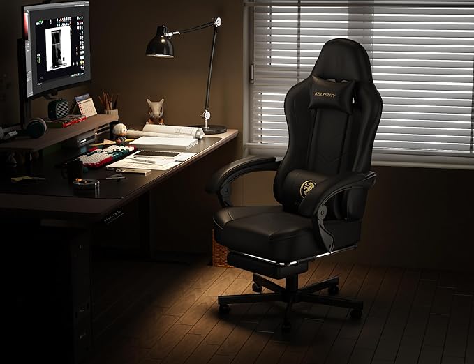 Gaming Chair for Adults with Footrest and Lumbar Support, Height Adjustable Game Chair with 360°-Swivel Seat and Headrest and for Office or Gaming (Black)