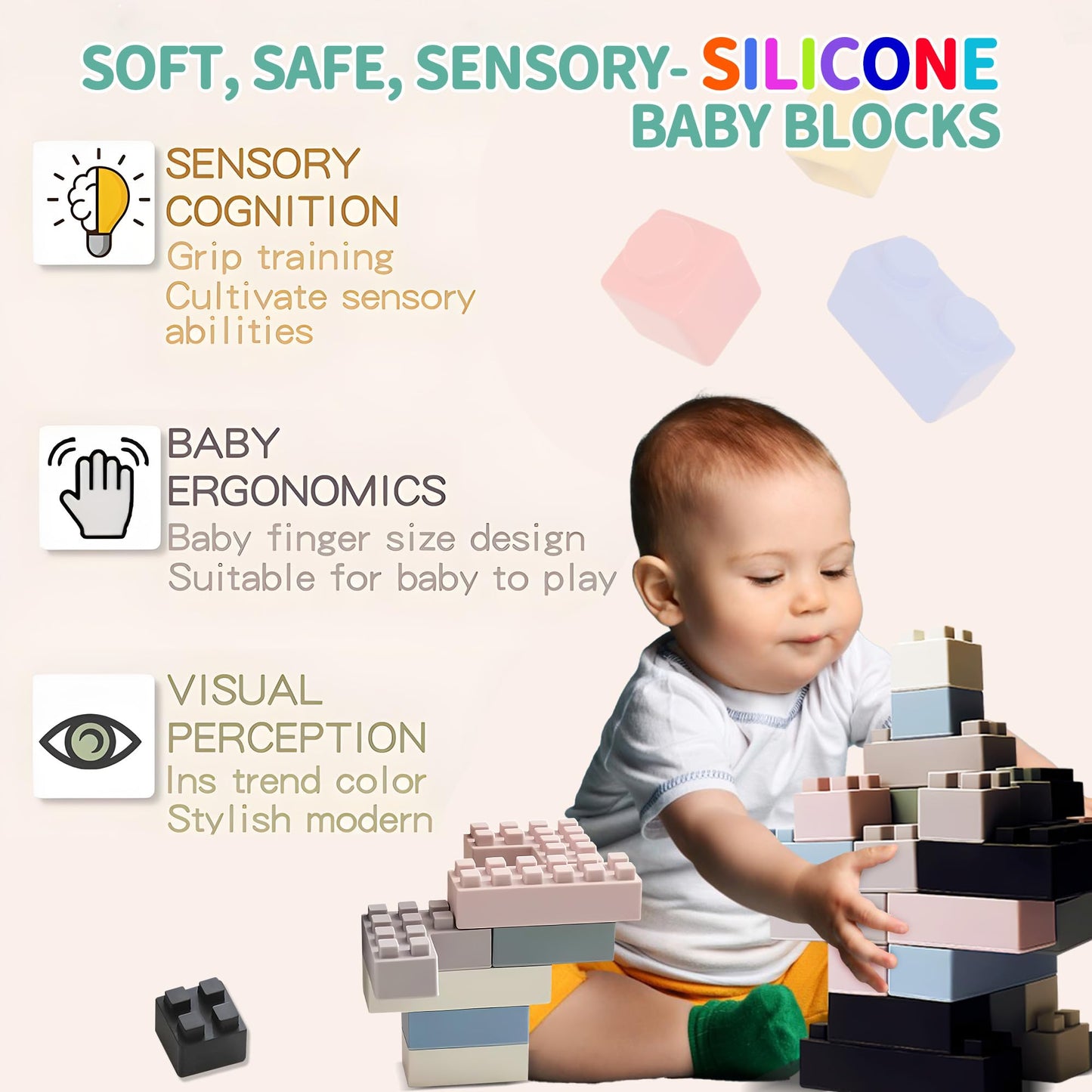 Silicone Blocks and Sensory Balls Toy Set - Montessori Soft Baby Blocks and Textured Baby Rattle Balls, Ideal Preschool Learning & Toddler Gifts