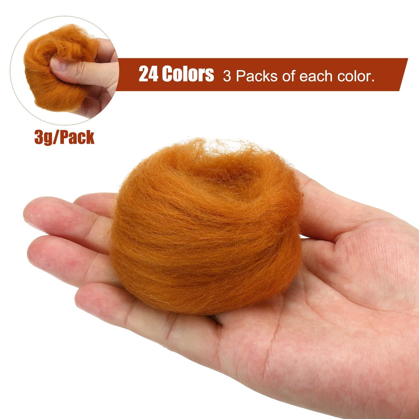 uxcell 72Pcs 24 Colors Needle Felting Wool - Nature Fibre Wool Yarn Roving Needle Felting Hand for Wool Felting Yarn Supplies DIY Craft Materials (3g/Pack, 3Pack/Color)