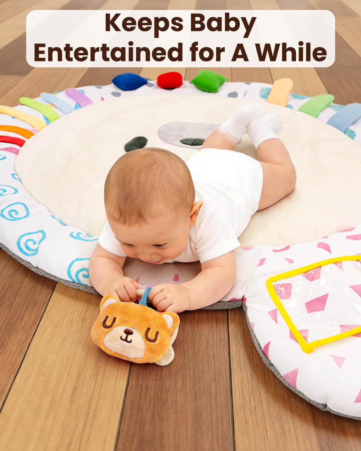 Beavtaens Baby Play Gym, Thickened and Non Slip Activity Mat, 5 Developmental Zones Tummy Time Mat with 5 Detachable Sensory Toys for Motor Skills, Baby Essentials Shower Gift Box(Bear)
