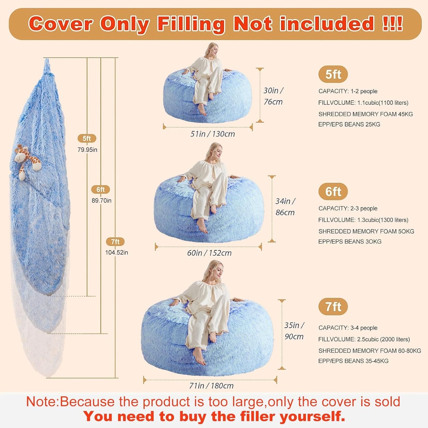 Bean Bag Covers Only, Fluffy Stuffed Beanbag Chair Covers No Filler, Washable Bean Bags Cover for Adults, Stuffed Animal Bean Bag Anti-Slip, 6FT, Blue