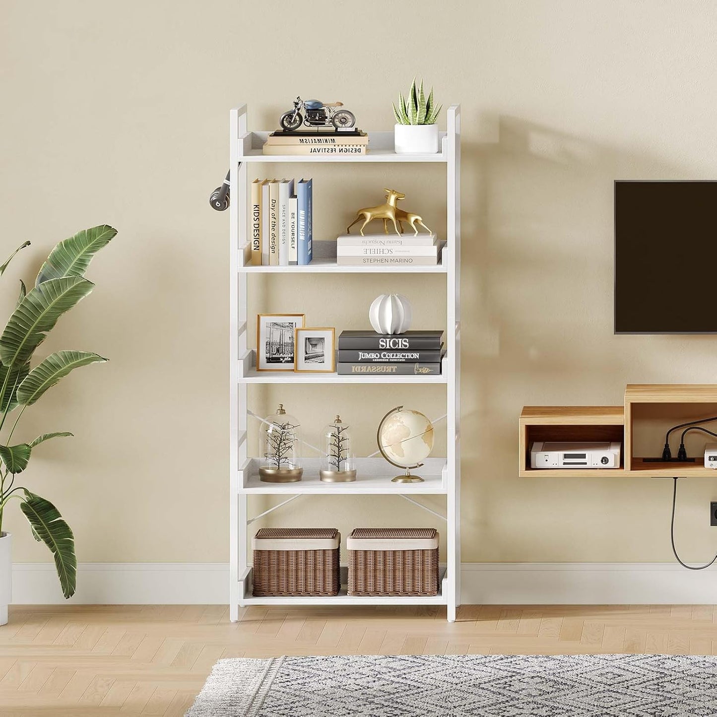 Rolanstar Bookshelf 5 Tier with 4 Hooks, Industrial Bookcase, Vintage Storage Rack with Open Shelves, Rustic Standing Bookshelves Metal Frame Display Rack for Living Room, Bedroom, White
