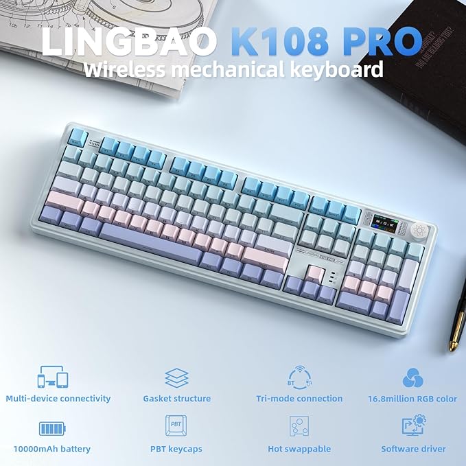LINGBAO K108 Pro Wireless Mechanical Keyboard with Screen & Knob, Full Size Creamy Keyboard with Number Pad, 10000mAh Battery, PBT Keycaps, RGB Backlit, Hot-swappable Gaming Keyboards