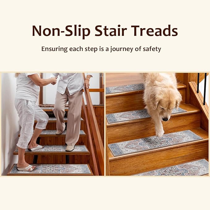 OJIA Non-Slip Stair Treads for Wooden Steps 30"x8" Indoor Stair Runner 15PCS Residue-Free Rubber Backed Carpet Stair Treads Staircase Step Treads Stair Rugs Mats for Kids and Dogs, Beige