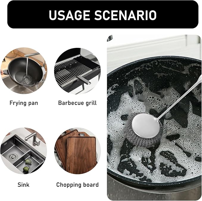 Stainless Steel Wool Metal Wire Scrubber Sponge Scouring Pads Brush Set with Handle for Cleaning Dishes,Pots and Pans,Kitchen Cast Iron,Stoves, Sink,Cooking Tools,Silver(7pcs)